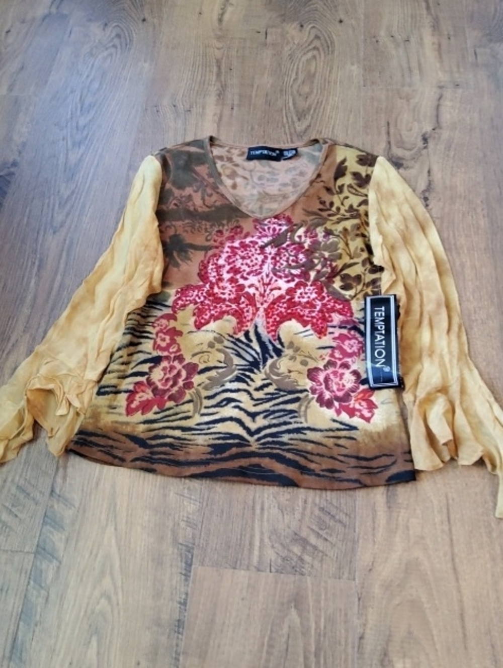 Temptations Gold and Red Floral Sheer-Sleeve Women's Top NWT